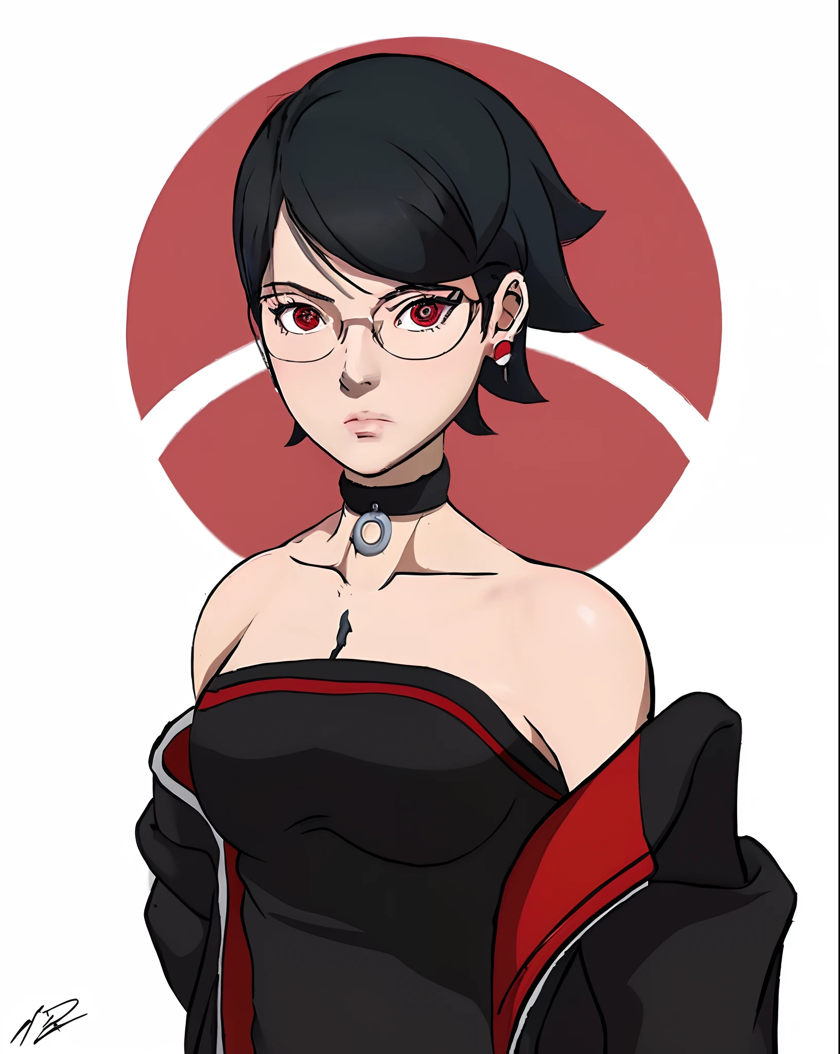 a drawing of a woman in a black dress with red eyes, female protagonist 👀 :8, ryuko matoi, portrait of a female anime hero, persona 5 style, anya from spy x family, persona art style, akatsuki akira, attractive matoi ryuko, female anime character, junko enoshima, persona 5 inspired, yayoi kasuma