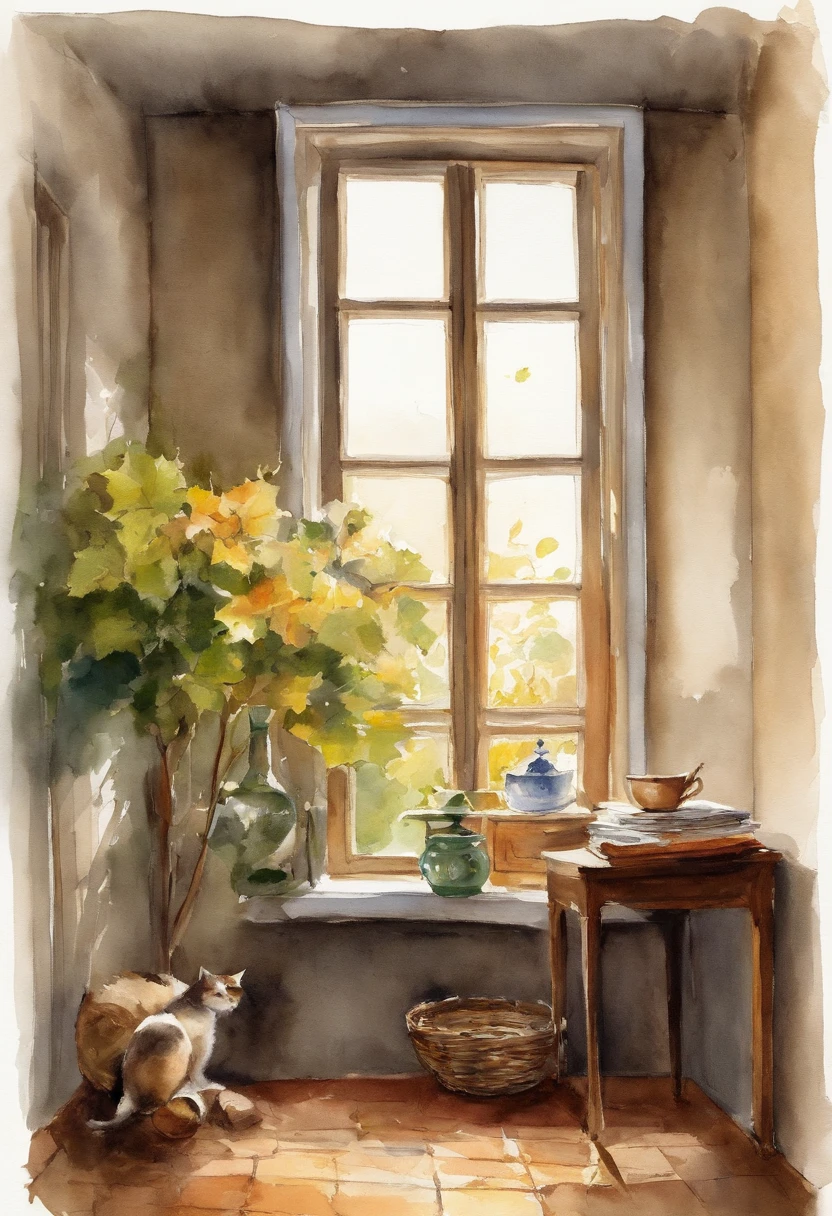 The interior is softly lit,The sun's rays coming in through the windows create patches of warm light on the floor。Hardwood floors crunch slightly from autumn drying。A faint smell of tea wafted into the room.,A cup of hot tea sits quietly at the table, Radiant heat。There was a book ajar on the table。,It seems that the owner just read a book here,Inadvertently lost in thought。Ivy leaves by the window々Began to turn yellow to,A breeze blows through,Leaves rustle。Kitten taking a carefree nap in the sun,time々Move your ears。The whole room is full of autumn tranquility and leisure。This simple and comfortable time,Very warm and satisfied。