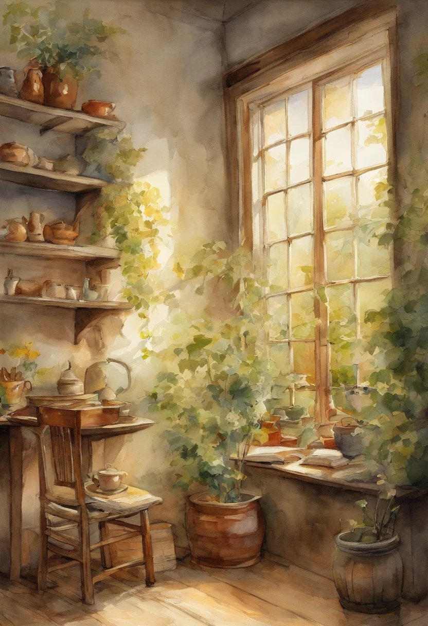 The interior is softly lit,The sun's rays coming in through the windows create patches of warm light on the floor。Hardwood floors crunch slightly from autumn drying。A faint smell of tea wafted into the room.,A cup of hot tea sits quietly at the table, Radiant heat。There was a book ajar on the table。,It seems that the owner just read a book here,Inadvertently lost in thought。Ivy leaves by the window々Began to turn yellow to,A breeze blows through,Leaves rustle。Kitten taking a carefree nap in the sun,time々Move your ears。The whole room is full of autumn tranquility and leisure。This simple and comfortable time,Very warm and satisfied。