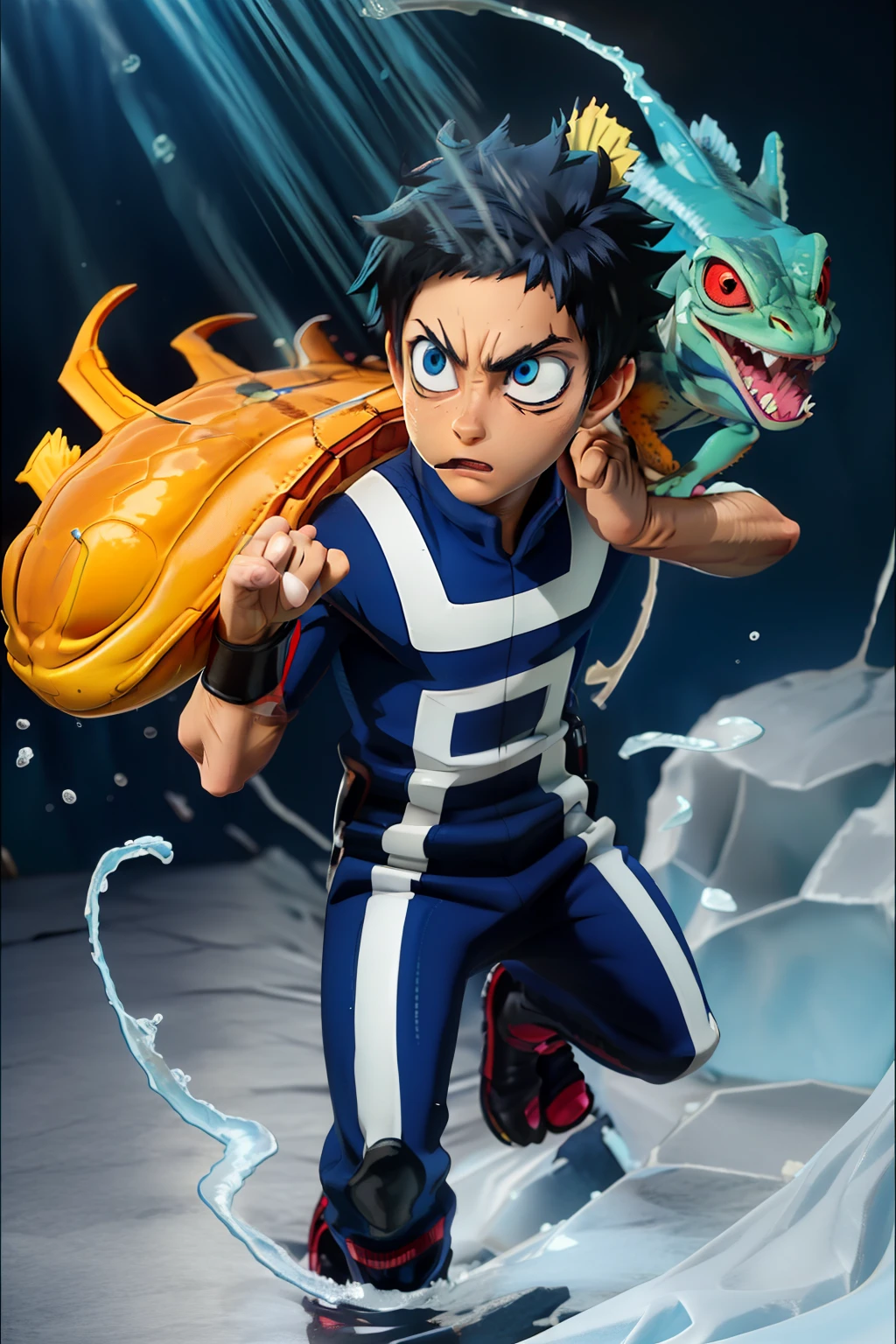 "Create a visual representation of a young male mutant inspired by the character Froppy from Boku no Hero Academia. The character has a humanoid appearance with unique features that incorporate elements of an axolotl, a poison dart frog, a shark, and an iguana. His skin is dark blue with black accents on the limbs and a tuft of external gills on the head that flow backward. His eyes, intensely yellow, are surrounded by a black ring. He has a light blue, extendable tongue, limbs with blue membranes between the fingers for agile swimming, and a youthful, athletic, and agile body. The character's skin features bright blue patterns and spots resembling those of a poison dart frog. 

In addition, he wears a hero uniform styled like a scuba diving suit. The uniform is primarily dark blue with black highlights, and it includes a full-body suit, gloves, and boots. The suit has a streamlined design to enhance underwater mobility. It features a utility belt for carrying hero equipment and a mask with a visor that covers his face while allowing for clear vision. The mask is equipped with a built-in communication device. 

The overall appearance is striking and unique, and he is a young hero in training in the world of Boku no Hero Academia."