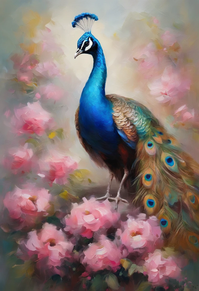 A peacock stands among the pink flowers，The gesture is noble，The colors are eye-catching