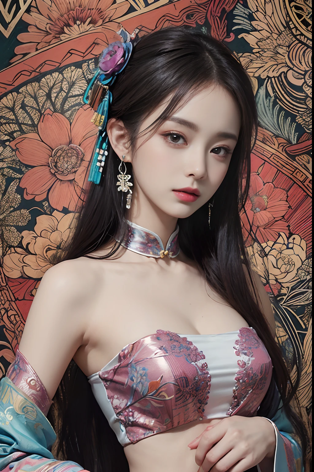 (masterpiece, top quality, best quality, official art, beautiful and aesthetic:1.2), (1girl:1.3), extremely detailed,(fractal art:1.1),(colorful:1.1)(flowers:1.3),highest detailed,(zentangle:1.2), (dynamic pose), (abstract background:1.3), (chinese Traditional cloth:1.2), (shiny skin), (many colors:1.4), ,(earrings:1.4),