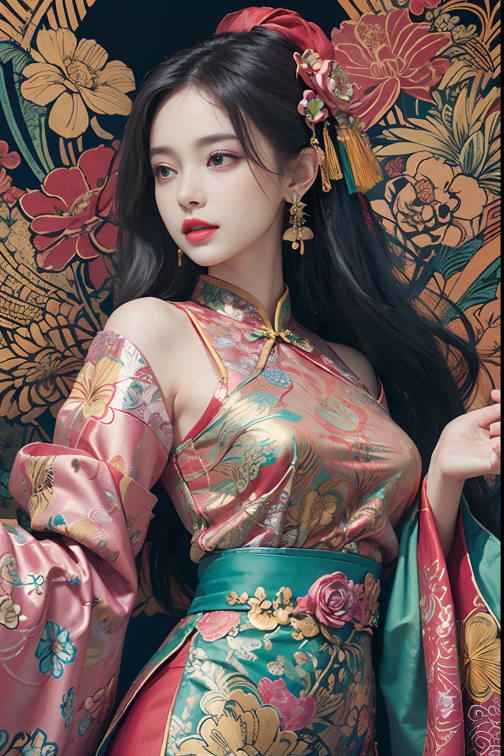 (masterpiece, top quality, best quality, official art, beautiful and aesthetic:1.2), (1girl:1.3), extremely detailed,(fractal art:1.1),(colorful:1.1)(flowers:1.3),highest detailed,(zentangle:1.2), (dynamic pose), (abstract background:1.3), (chinese Traditional cloth:1.2), (shiny skin), (many colors:1.4), ,(earrings:1.4),