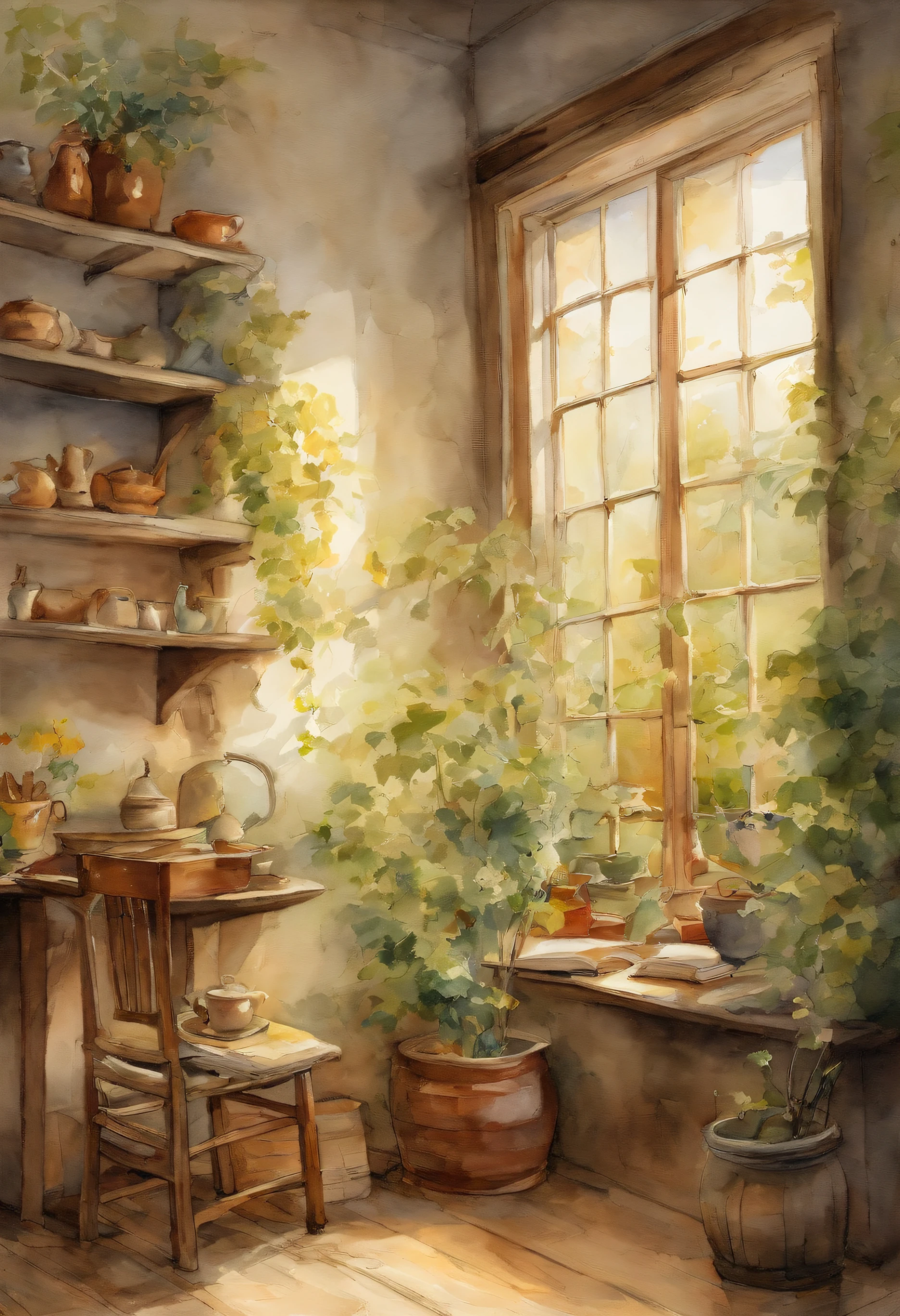 The interior is softly lit,The sun's rays coming in through the windows create patches of warm light on the floor。Hardwood floors crunch slightly from autumn drying。A faint smell of tea wafted into the room.,A cup of hot tea sits quietly at the table, Radiant heat。There was a book ajar on the table。,It seems that the owner just read a book here,Inadvertently lost in thought。Ivy leaves by the window々Began to turn yellow to,A breeze blows through,Leaves rustle。Kitten taking a carefree nap in the sun,time々Move your ears。The whole room is full of autumn tranquility and leisure。This simple and comfortable time,Very warm and satisfied。
