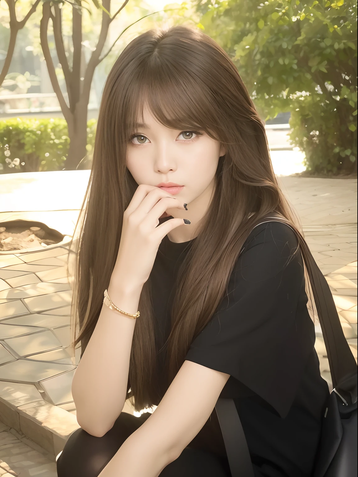Woman with long brown hair and black t-shirt, ulzzangs, long whitr hair，Thick bangs, Long hair with bangs, With long hair, Brown hair long，By bangs, Long black hair，By bangs, tidy hair，By bangs, Soft hair, Anime girl in real life, Korean girls, brown hair and bangs, curly，Perfect girl，photographrealistic，tmasterpiece，Best quality at best，high qulity，finedetail，Clear focus，Delicate facial detail texture，Smooth face shape, Smooth and natural，Very detailed faces，The hair is honey tea flaxen color，Honey tea linen long straight hair，