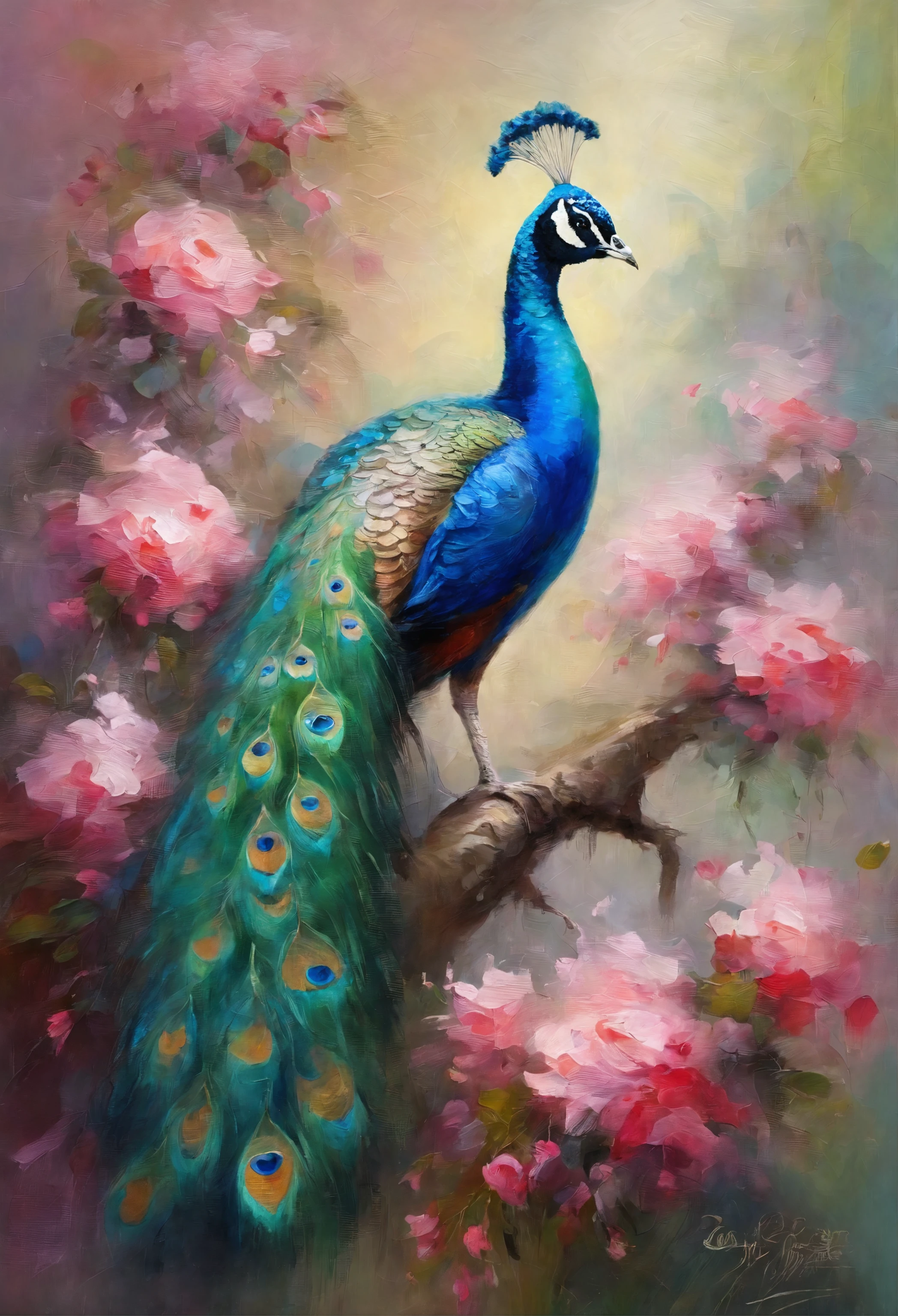A peacock stands among the pink flowers，The gesture is noble，The colors are eye-catching