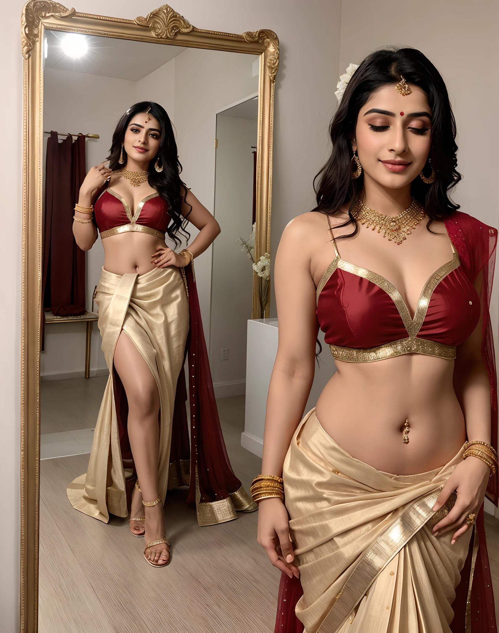 Milky white fair beautiful Indian girl looking like bollywood actress "Radhika Madan" dressed as a bride in red lehenga choli, a red dupatta on head and reaching till knees, standing in front of a mirror, full body photo, full temple bridal jewellery,gold tika on head, hindu bridal nose ring in nose with a gold chain reaching till right ear lobe [ called "nath" in hindi], bridal make up, shy, smiling like a shy bride, eyes closed, eye liner dense eyelashes eyes, face turn on one side, standing in front of mirror, reflection in mirror, beautiful red traditional lehenga and deep v-neck cut choli, c-cup cleavage visible, less lit room, front lighting,ample light on bride's face and body, light focus on bride, bilding dupatta with one hand, second hand on thigh, slim waist, wide ass, slim beautiful hands, bridal glow on face, delicate gentle beauty, hyperdetailed face, hyperdetailed eyes, hyperrealistic 8K,