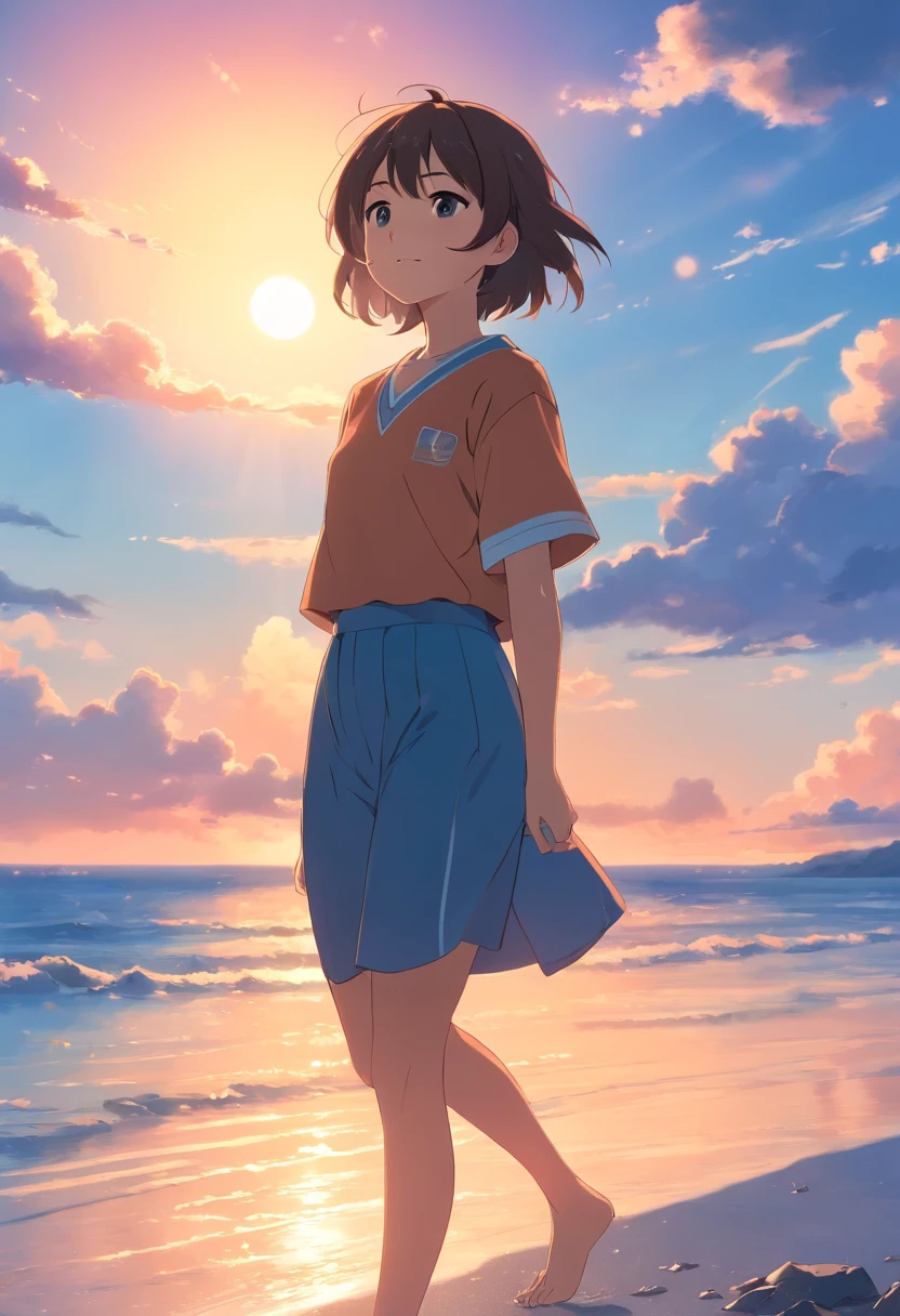 ​masterpiece、top-quality、Movie stills、1girl、云、floating in sky、a closeup、发光、happiness、Warm soft lighting、the setting sun、Gentle young man、(Spark:0.7)