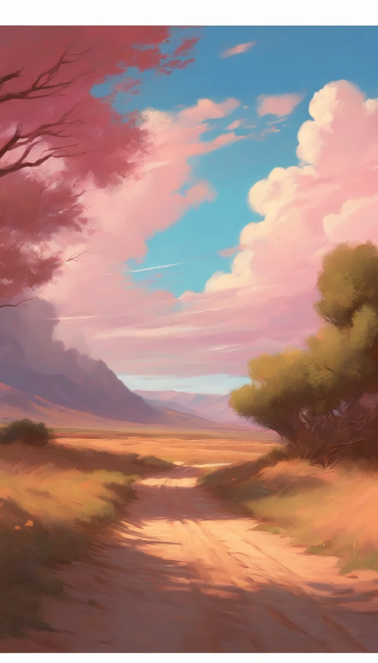 painting of a dirt road with a dirt road leading to a desert area, a digital painting inspired by RHADS, pixiv, conceptual art, ross tran. scenic background, fluffy pink anime clouds, anime clouds, anime sky, rhads!!!, beautifull puffy clouds. anime, beautiful anime scene, anime landscape, concept art | rhads