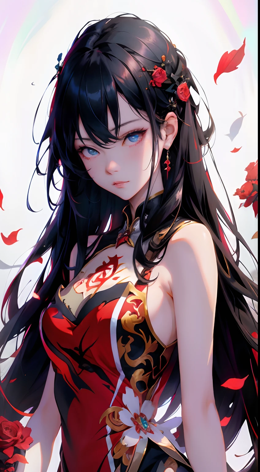 Anime girl with long black hair and white dress with red roses, The tattoo, Detailed beautiful eyes, guweiz, guweiz on pixiv artstation, Detailed Digital Anime Art, Beautiful anime girl, guweiz on artstation pixiv, anime style 4 k, kawacy, Beautiful Anime Portrait, detailed portrait of an anime girl, detailed anime art, beautiful anime woman