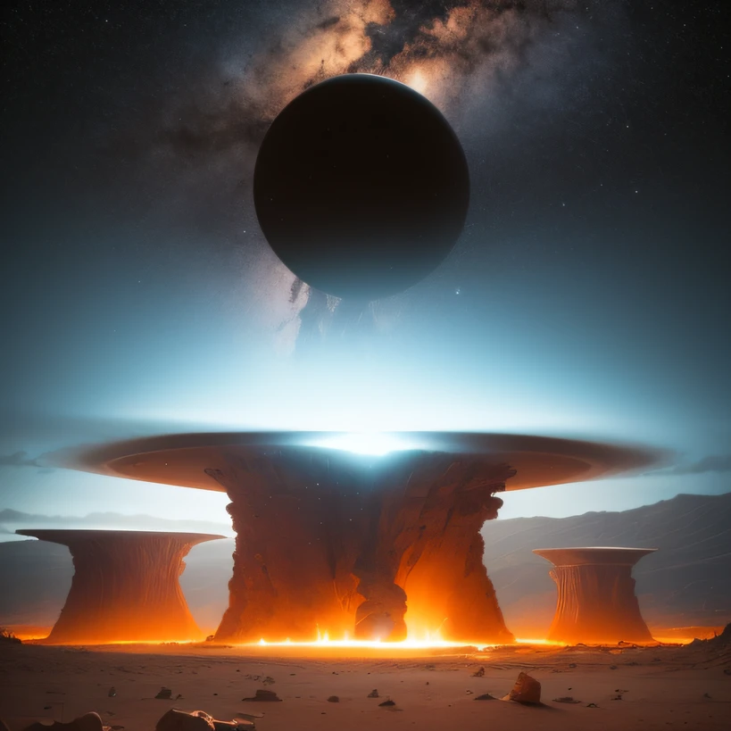 Alien base (Very detailed) In the mountainous desert，There are several exhaust fans and chimneys, Some spotlights come out of the base to illuminate dark places, (Extreme nights), Some clouds in the night sky, Some of the surrounding planets provide air to unknown planets，The farthest giant volcano is erupting