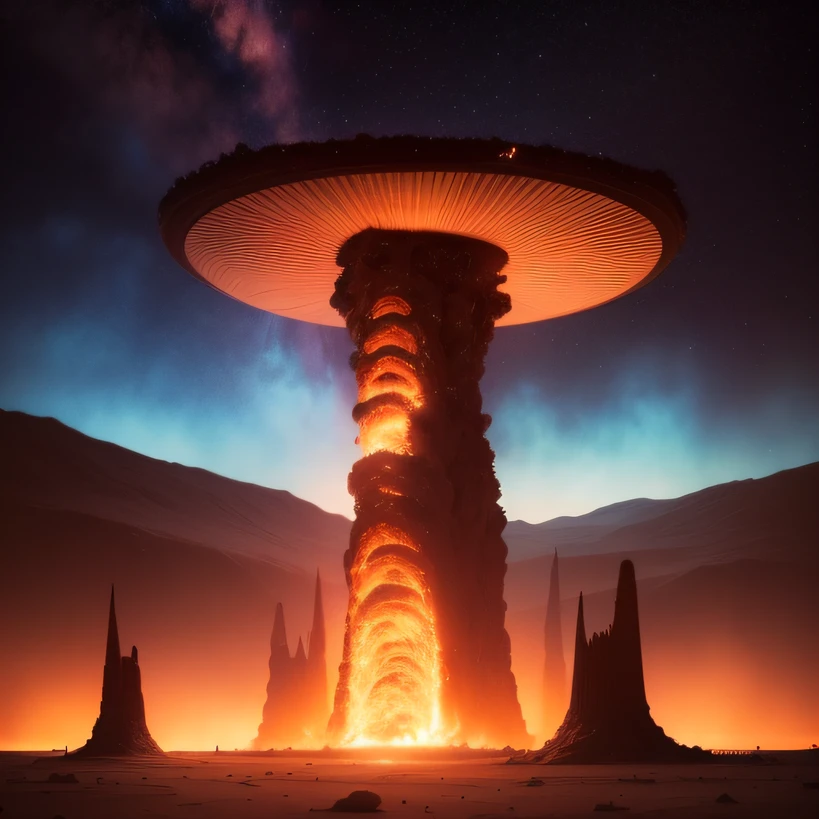 Alien base (Very detailed) In the mountainous desert,There are several exhaust fans and chimneys, Some spotlights come out of the base to illuminate dark places, (Extreme nights), Some clouds in the night sky, Some of the surrounding planets provide air to unknown planets,The farthest giant volcano is erupting