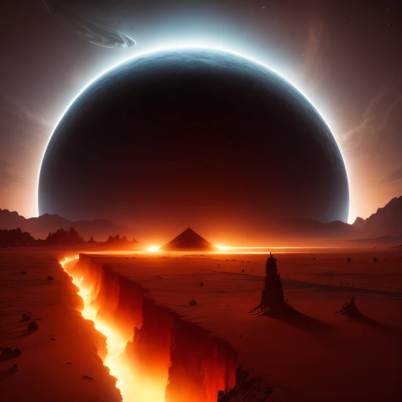Alien base (Very detailed) In the mountainous desert,There are several exhaust fans and chimneys, Some spotlights come out of the base to illuminate dark places, (Extreme nights), Some clouds in the night sky, Some of the surrounding planets provide air to unknown planets,The farthest giant volcano is erupting