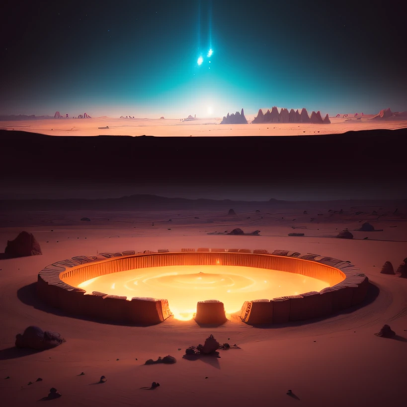 Alien base (Very detailed) In the mountainous desert,There are several exhaust fans and chimneys, Some spotlights come out of the base to illuminate dark places, (Extreme nights), Some clouds in the night sky, Some of the surrounding planets provide air to unknown planets,The farthest giant volcano is erupting