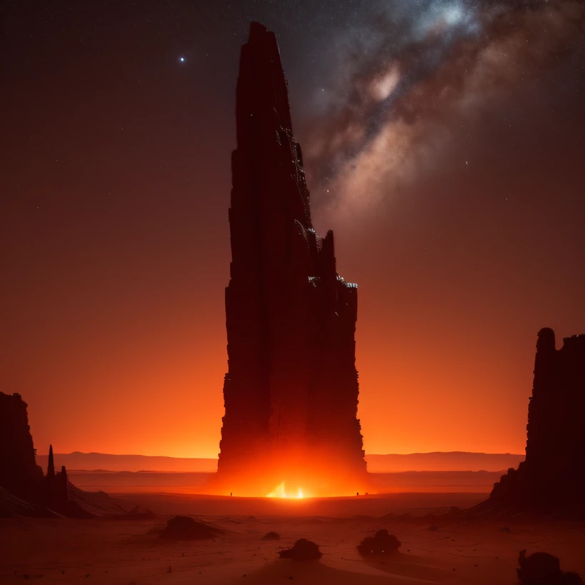 Alien base (Very detailed) In the mountainous desert,There are several exhaust fans and chimneys, Some spotlights come out of the base to illuminate dark places, (Extreme nights), Some clouds in the night sky, Some of the surrounding planets provide air to unknown planets,The farthest giant volcano is erupting