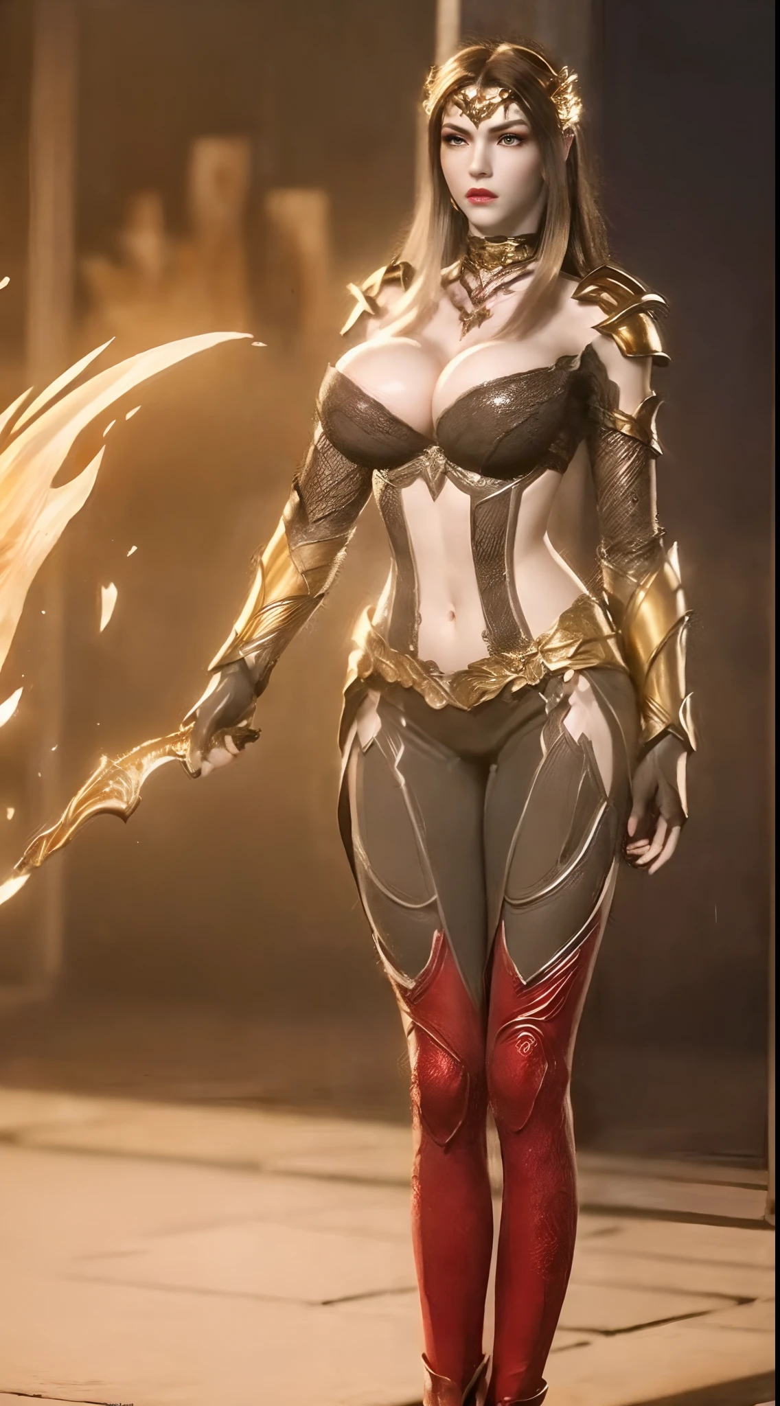 Solo, 1 Beauty, Wuxia World, headwear, (1 Girl), (full image:1.5), (Full red gold armor:1.5), (tight leggings:1.3), (standing:1.8), (huge fake breasts:1.5), (gloves:1.3), (abdominal muscles:1.2), (dark hair:1.5), (big butt:1.3), (gloss skin:1.3), Chinese Immortal Wuxia, Lips, (battlefield background:1.2), ( jealous), Intellectual, Smooth Face, Masterpiece, Best Quality, High Quality, High Definition, High Quality Texture, High Quality Shadows, High Detail, Cinematic Light, Side Lighting, Ray Tracing, Sharp Focus, Realistic, Edge Light, (Skin Details Detailed:1.2), 8k uhd, SLR, (soft light, high quality, high resolution:1.7), (highly detailed CG unity 8k wallpaper).