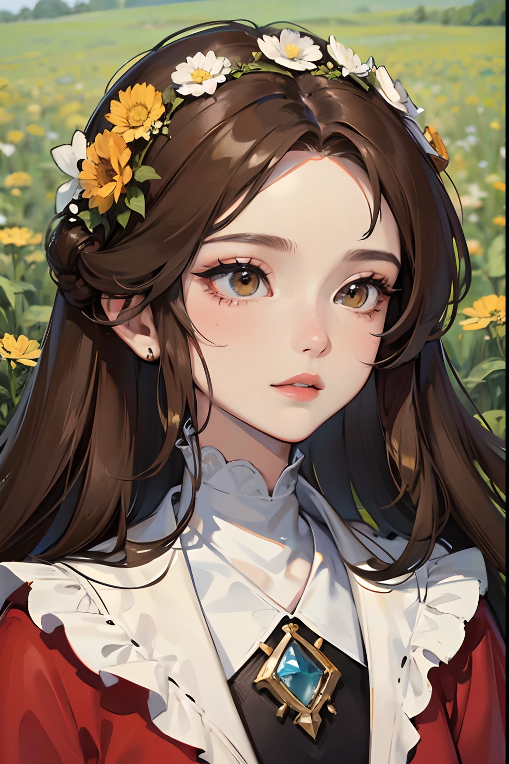 ((tmasterpiece)),(Best quality at best),(A half body),looks away,(ultra intricately detailed),(Highest definition),(8K),(Clean lines),(Perfect facial features,Perfect flesh),(offcial art),1girll,a druid,naturey,grassy,fresh flowers,Skins,Savage,hermit,Natural affinity,Brown messy hair,Extremely long hair,Wooden sceptre,(Besticity)