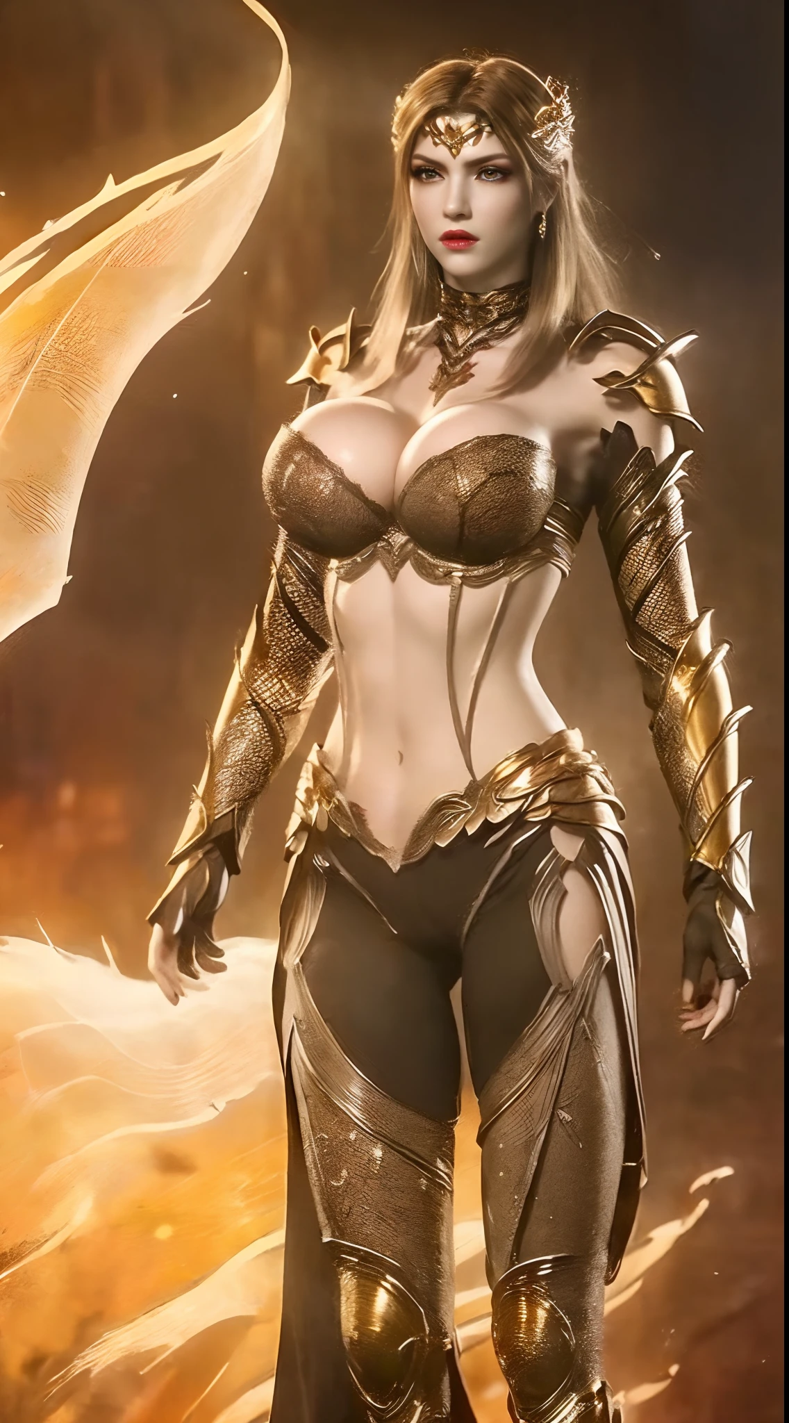 Solo, 1 Beauty, Wuxia World, headwear, (1 Girl), (full image:1.5), (Full red gold armor:1.5), (tight leggings:1.3), (standing:1.8), (huge fake breasts:1.5), (gloves:1.3), (abdominal muscles:1.2), (dark hair:1.5), (big butt:1.3), (gloss skin:1.3), Chinese Immortal Wuxia, Lips, (battlefield background:1.2), ( jealous), Intellectual, Smooth Face, Masterpiece, Best Quality, High Quality, High Definition, High Quality Texture, High Quality Shadows, High Detail, Cinematic Light, Side Lighting, Ray Tracing, Sharp Focus, Realistic, Edge Light, (Skin Details Detailed:1.2), 8k uhd, SLR, (soft light, high quality, high resolution:1.7), (highly detailed CG unity 8k wallpaper).