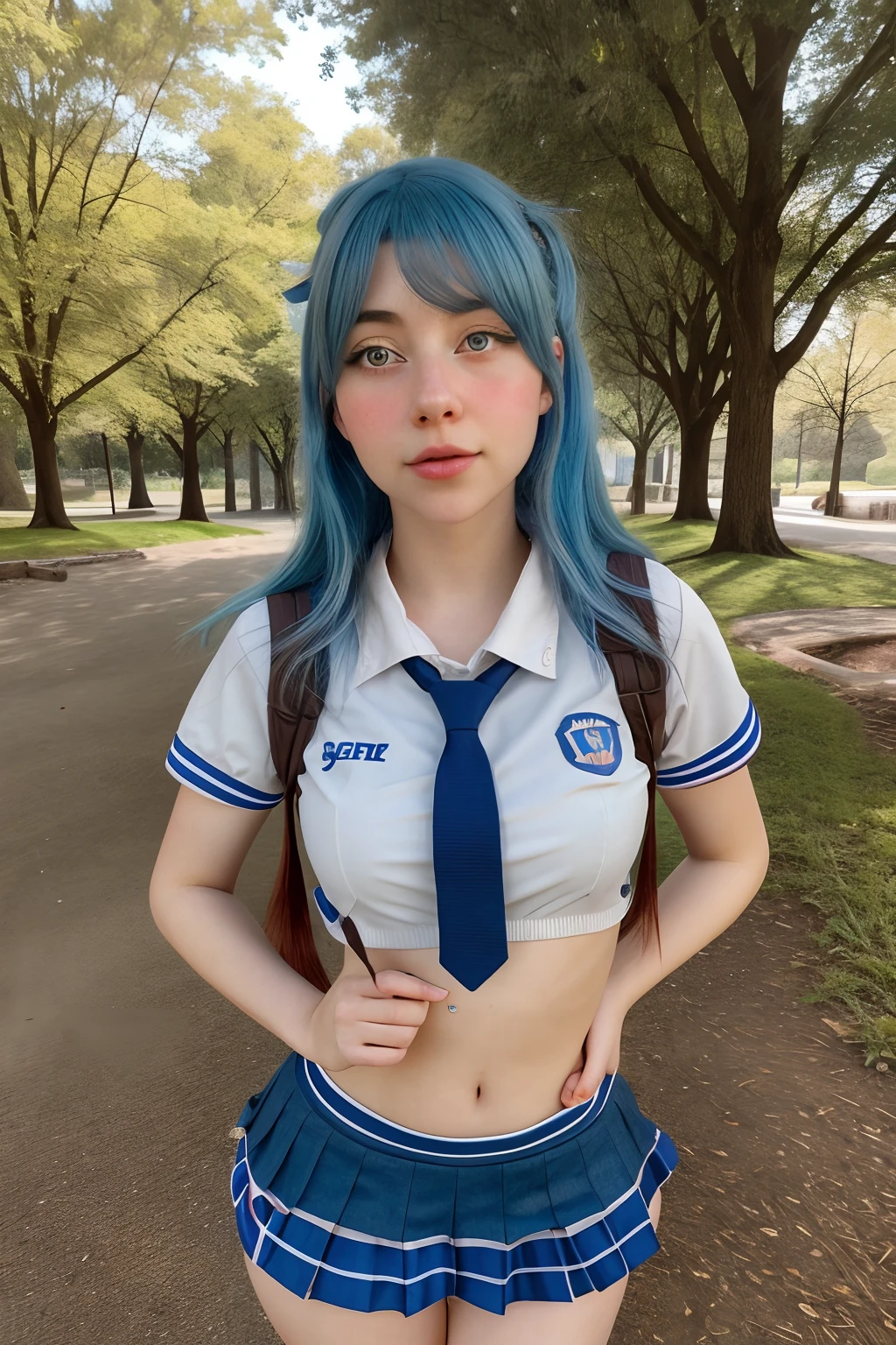 wearing short revealing sexy school girl uniform, full body , beautiful face, blue hair, beautiful eyes, open eyes, hyper realistic, realistic texture, natural lighting, unreal engine, trend in artstation, cinestill 800, at the park