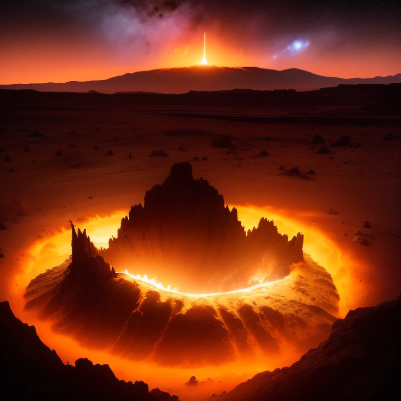 Alien base (Very detailed) In the mountainous desert,There are several exhaust fans and chimneys, Some spotlights come out of the base to illuminate dark places, (Extreme nights), Some clouds in the night sky, Some of the surrounding planets provide air to unknown planets,The farthest giant volcano is erupting