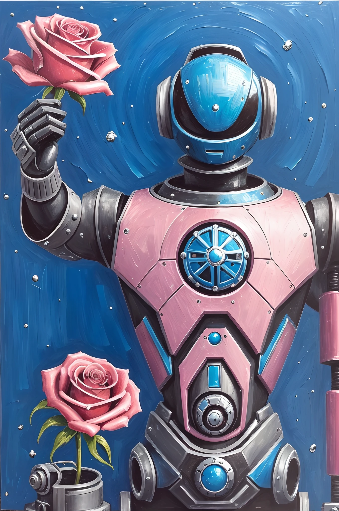 Retro futuristic robot with a rose in his hand, Romantic, a lot of details, Proper anatomy of the body, (Extreme detailing), ((Casey-Weldon style:0.5/Charlie-Bower:0.5)), ((Impasto painting)) , ((Best Quality, Masterpiece)), ((Perfect anatomy of the body)), (Pink:0,2/blau:0,2), grotesque, intricate detials, Raw, HDR