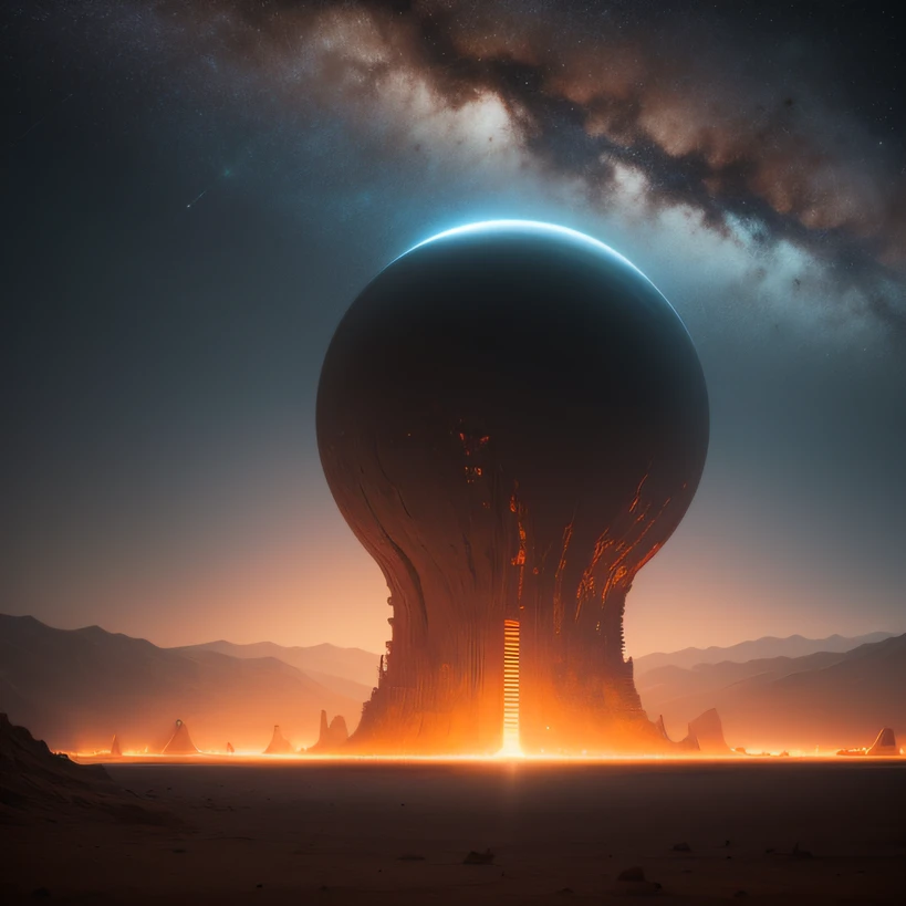 Alien base (Very detailed) In the mountainous desert,There are several exhaust fans and chimneys, Some spotlights come out of the base to illuminate dark places, (Extreme nights), Some clouds in the night sky, Some of the surrounding planets provide air to unknown planets,The farthest giant volcano is erupting