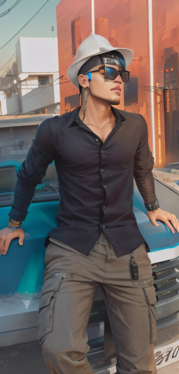 Change background cyberpunk handsome boy, realistic face,sunset weather 8k