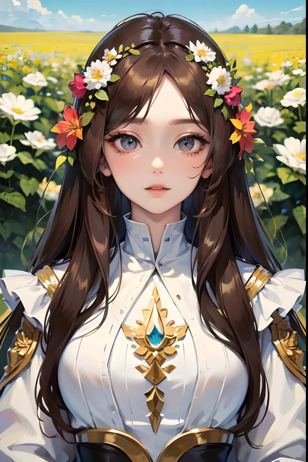 ((tmasterpiece)),(Best quality at best),(A half body),looks away,(ultra intricately detailed),(Highest definition),(8K),(Clean lines),(Perfect facial features,Perfect flesh),(offcial art),1girll,a druid,naturey,grassy,fresh flowers,Skins,Savage,hermit,Natural affinity,Brown messy hair,Extremely long hair,Wooden sceptre,(Besticity)