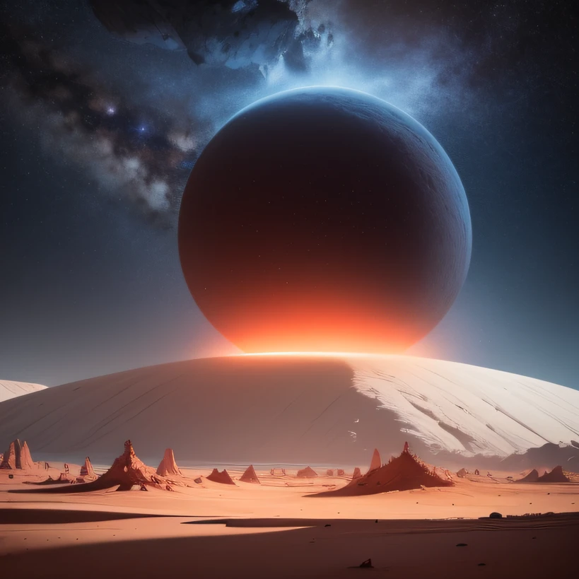 Alien base (Very detailed) In the mountainous desert,There are several exhaust fans and chimneys, Some spotlights come out of the base to illuminate dark places, (Extreme nights), Some clouds in the night sky, Some of the surrounding planets provide air to unknown planets,The farthest giant volcano is erupting