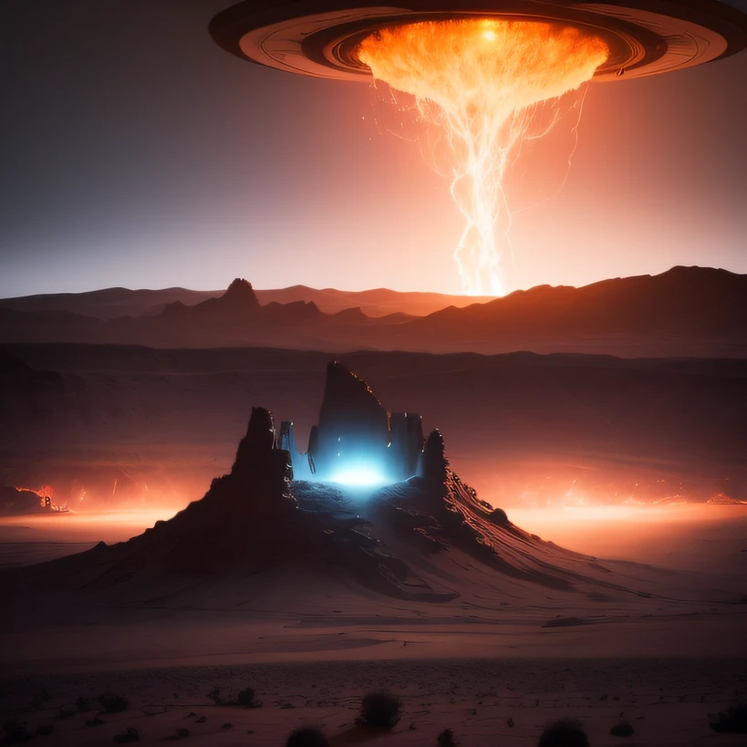 Alien base (Very detailed) In the mountainous desert,There are several exhaust fans and chimneys, Some spotlights come out of the base to illuminate dark places, (Extreme nights), Some clouds in the night sky, Some of the surrounding planets provide air to unknown planets,The farthest giant volcano is erupting