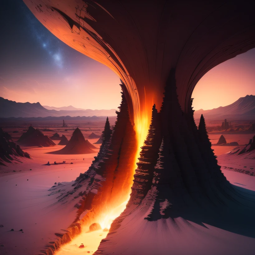 Alien base (Very detailed) In the mountainous desert,There are several exhaust fans and chimneys, Some spotlights come out of the base to illuminate dark places, (Extreme nights), Some clouds in the night sky, Some of the surrounding planets provide air to unknown planets,The farthest giant volcano is erupting
