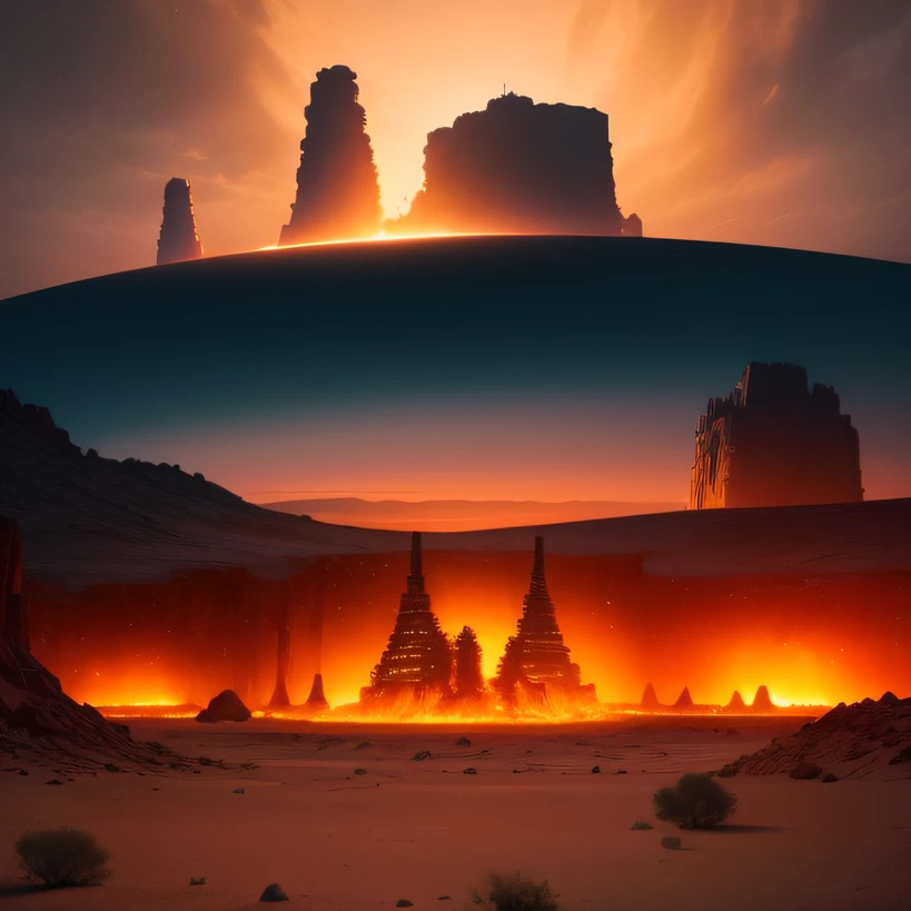 Alien base (Very detailed) In the mountainous desert,There are several exhaust fans and chimneys, Some spotlights come out of the base to illuminate dark places, (Extreme nights), Some clouds in the night sky, Some of the surrounding planets provide air to unknown planets,The farthest giant volcano is erupting