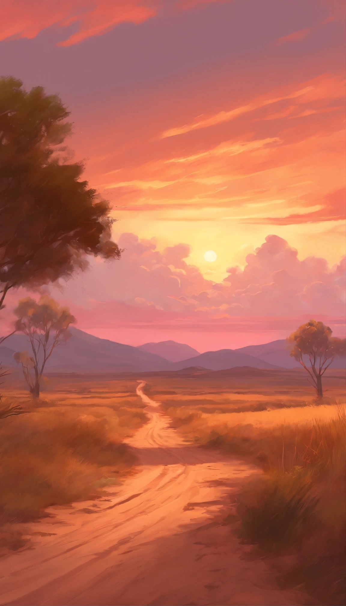painting of a dirt road with a dirt road leading to a desert area, a digital painting inspired by RHADS, pixiv, conceptual art, ross tran. scenic background, fluffy pink anime clouds, anime clouds, anime sky, rhads!!!, beautifull puffy clouds. anime, beautiful anime scene, anime landscape, concept art | rhads