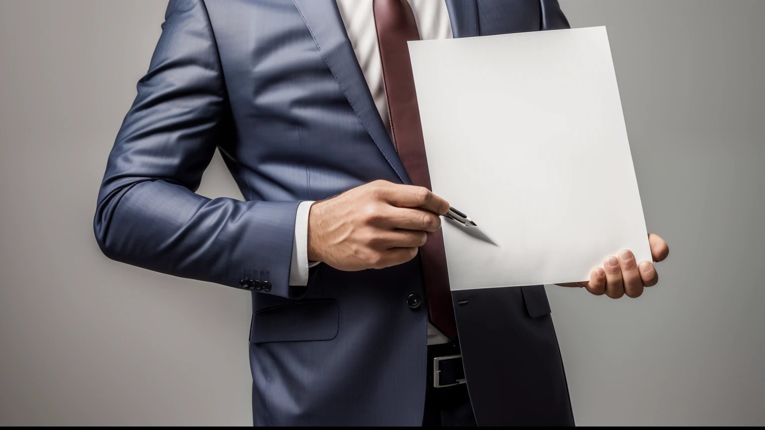 ((beste-Qualit, 8K, tmasterpiece :1.3)), A business man stands with a piece of paper in his hands and holds a pen