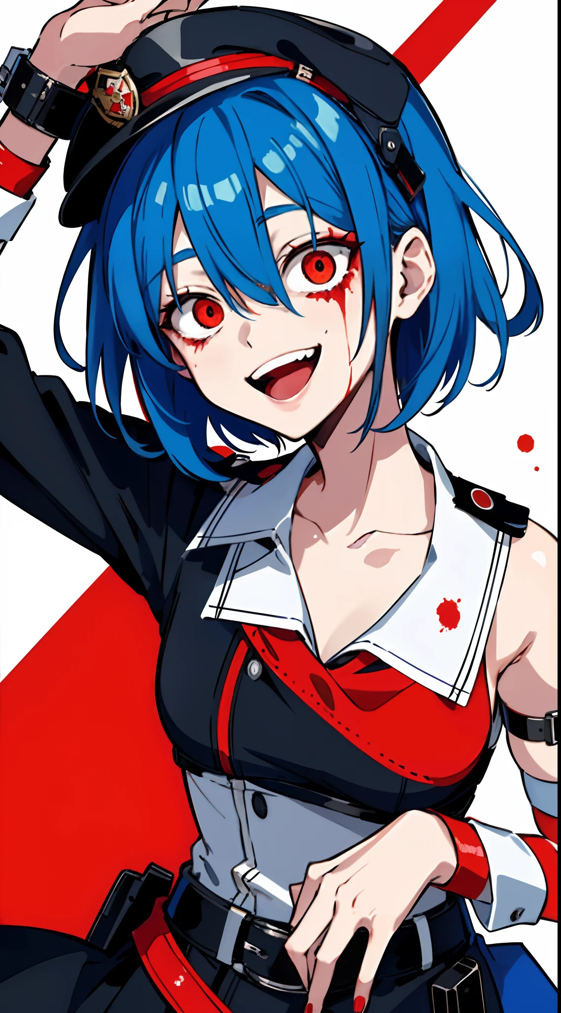 Top Quality Original Characters , 1girl in, (crazy smile:1.2) , Short blue hair , bangss , (crazy eyes:1.3) , Blood splatters on the face , Red and black color scheme, open open mouth, (roll up eyes:1.2), radiant eyes , yandere　Police Hat　Cuffed　Background sills