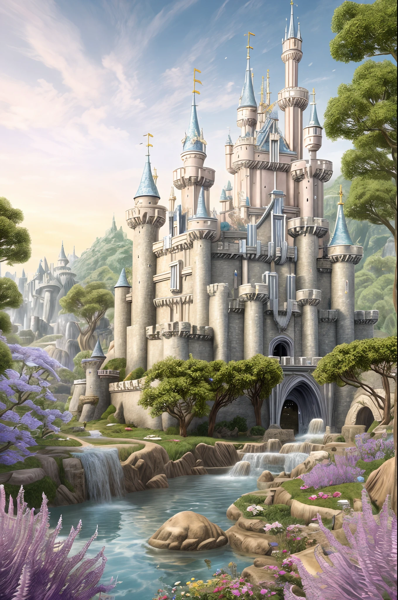 a closeup of a castle surrounded by flowers and trees, fundo estilo conto de fadas, beautiful render of a fairytale, background is disneyland castle, Magical fairy background, bela fantasia detalhada, Castelo da Fantasia, magic castle, highly detailed magical fantasy, fundo do castelo, enchanted magical fantasy forest, lugar de conto de fadas, Castelo bonito, Disneyland Fund, bela fantasia, fantasia bonita, light kingdom backdrop