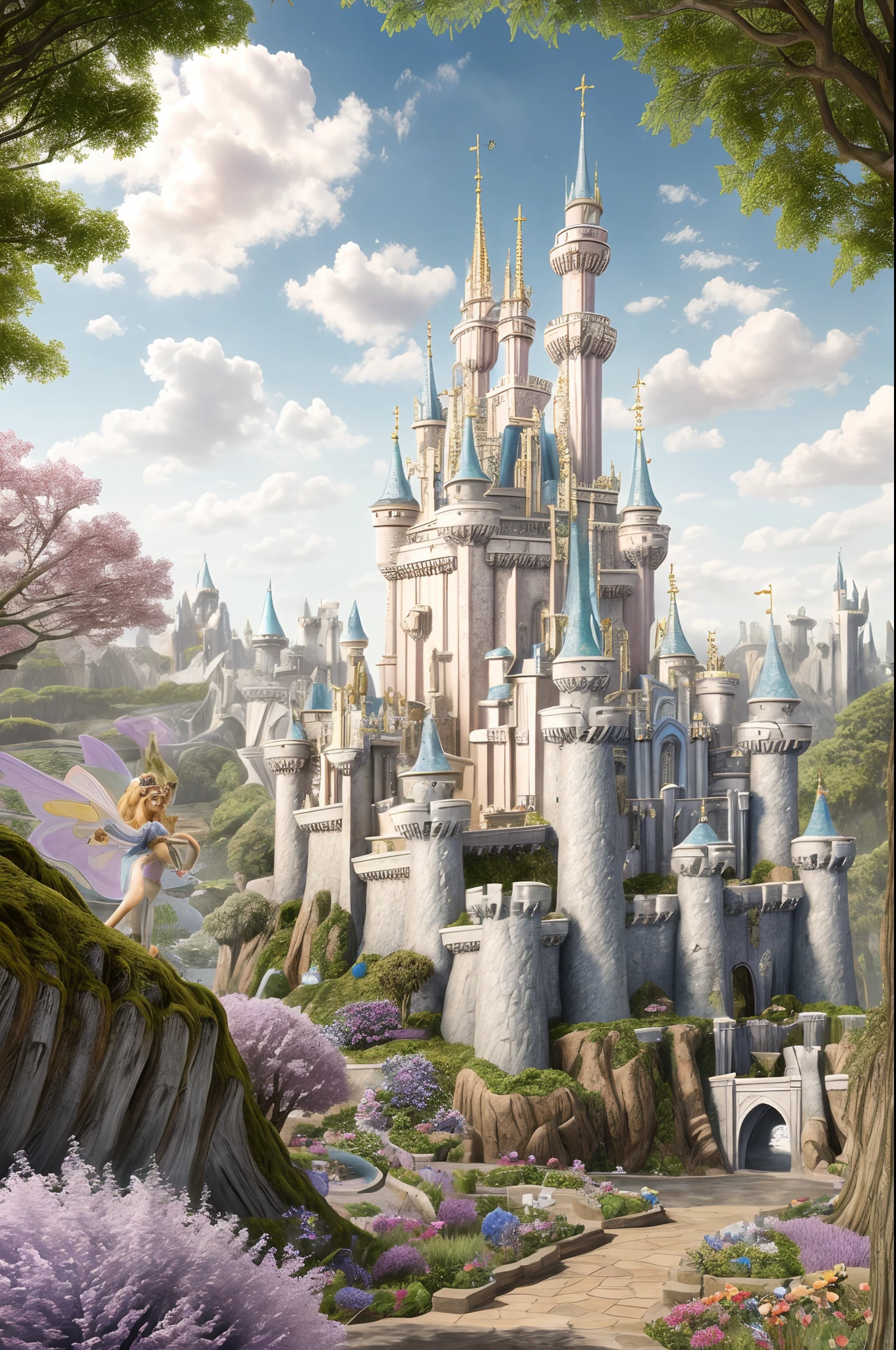 a closeup of a castle surrounded by flowers and trees, fundo estilo conto de fadas, beautiful render of a fairytale, background is disneyland castle, Magical fairy background, bela fantasia detalhada, Castelo da Fantasia, magic castle, highly detailed magical fantasy, fundo do castelo, enchanted magical fantasy forest, lugar de conto de fadas, Castelo bonito, Disneyland Fund, bela fantasia, fantasia bonita, light kingdom backdrop