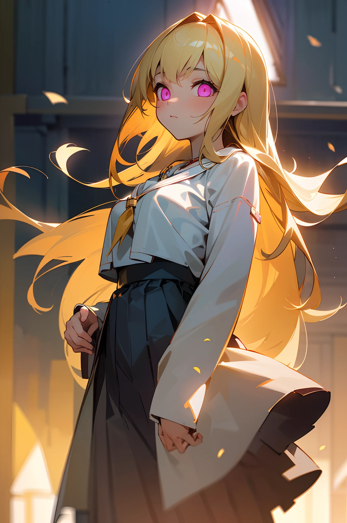 (Masterpiece: 1.4), (Best quality: 1.4), 8K, HD, ultra clear，(sun glare), holographic glow, light particles, raytraced, hyperdetailed skin, 1girl，（big breasts：1.4), Skirt，necklace, Elara possesses a captivating beauty with her long flowing blonde hair that cascades down her back like a cascade of sunlight, Her eyes are a mesmerizing shade of cool grey that seem to hold an air of mystery and depth, shot on dslr camera, shot by MSchiffer, 32k resolution, best quality, (shrine)