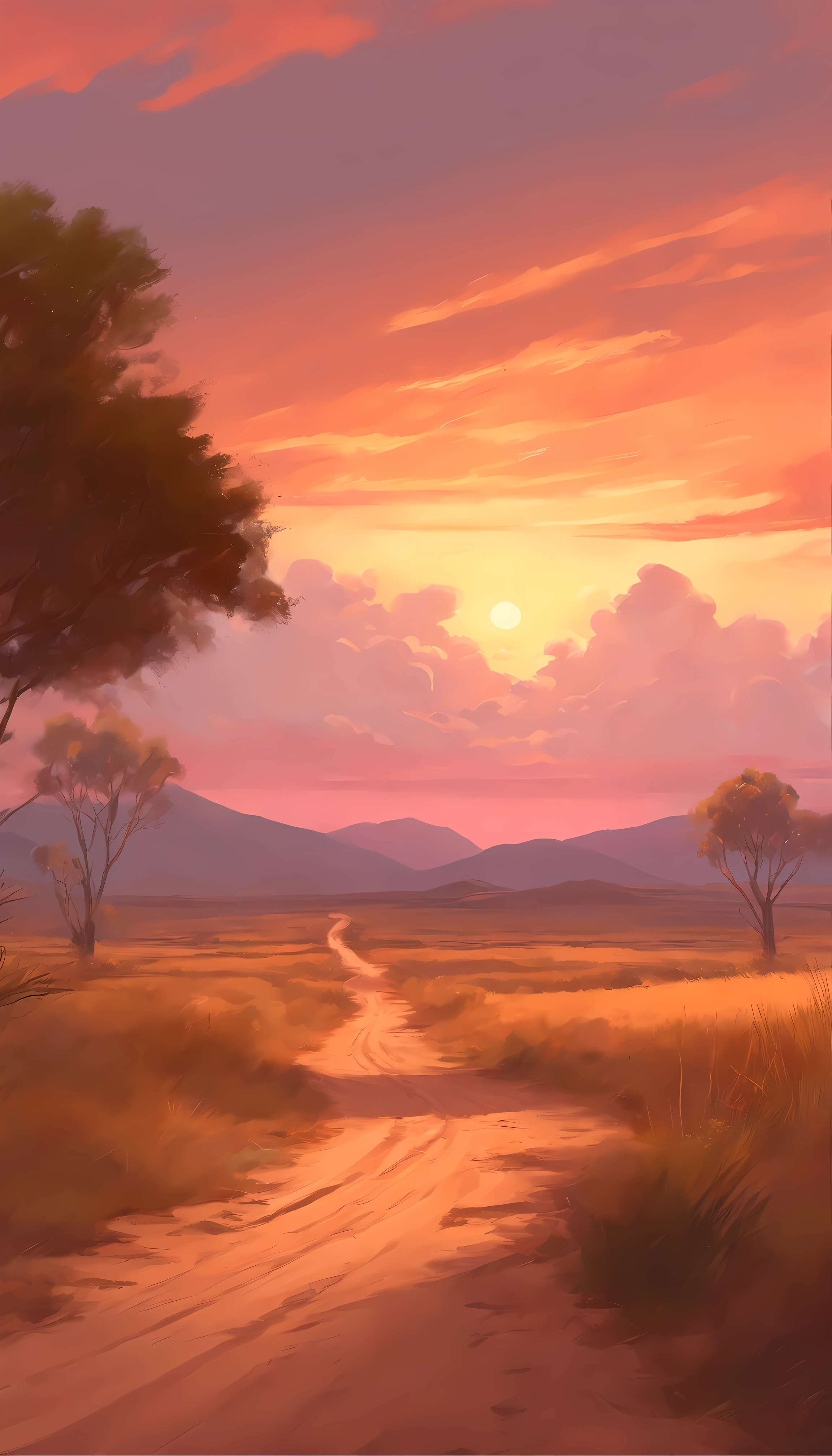 painting of a dirt road with a dirt road leading to a desert area, a digital painting inspired by RHADS, pixiv, conceptual art, ross tran. scenic background, fluffy pink anime clouds, anime clouds, anime sky, rhads!!!, beautifull puffy clouds. anime, beautiful anime scene, anime landscape, concept art | rhads