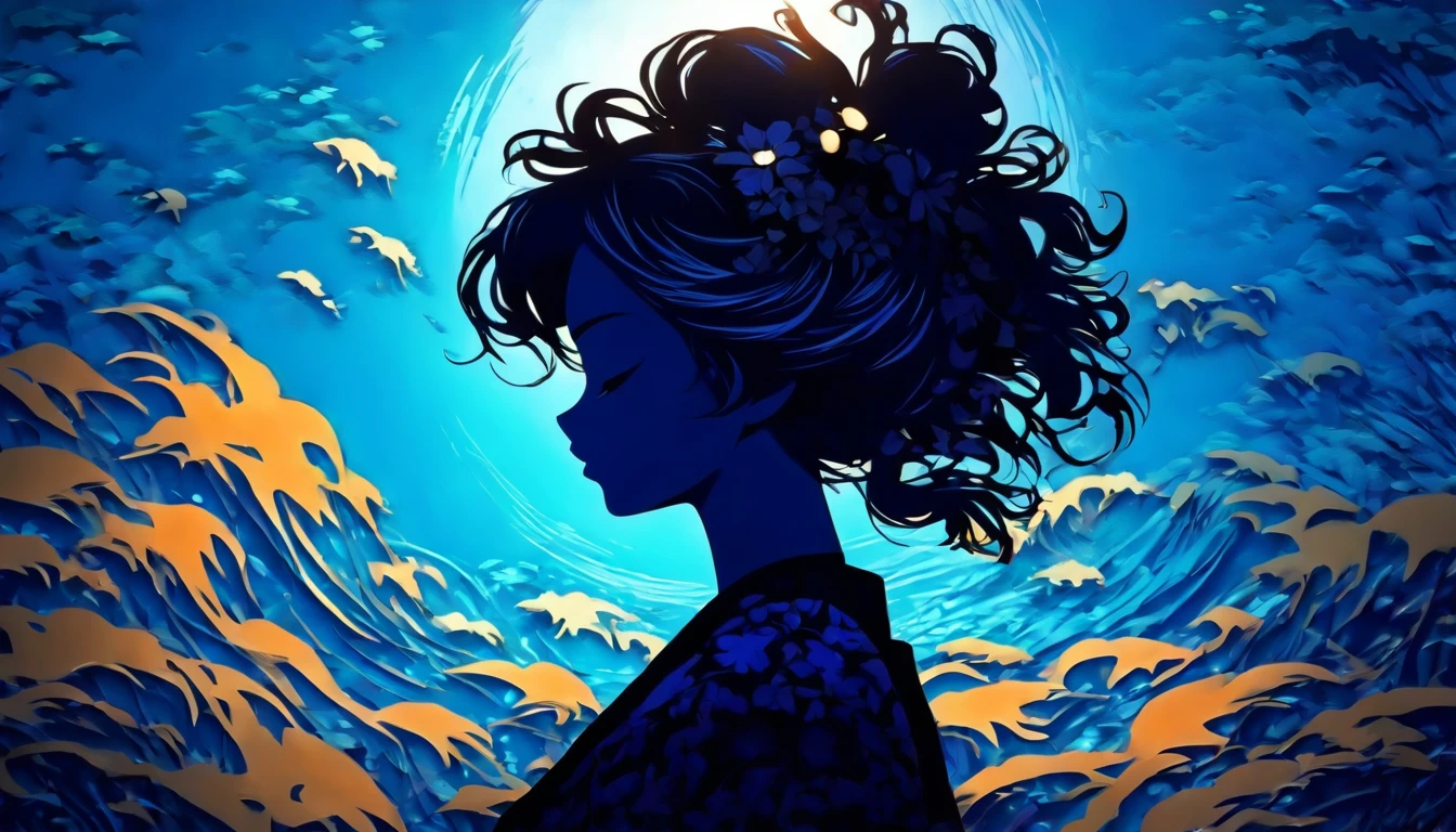 (Silhouette Art,cutouts:1.6)
(((Paper cutting art,A world where only black exists:1.3)
(Cowboy Shot),1 girl,Solo,
(Kimono Girl,profile:1.2),white, Clear and beautiful face,
BREAK
(blue sea)
Textured glass background,