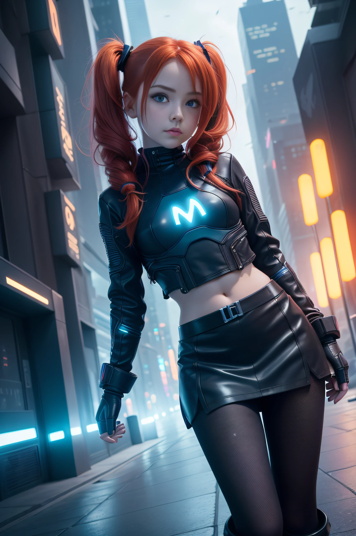 1 girl, solo, (nsfw), cute redhead 18-year-old girl in twin tails, ((perfect female body)), (cute face make up), multiple (rainbow colored hair: 1.2), (beautiful detailed blue eyes: 1.6), (photo realistic eyes: 1.6), happy, Ukrainian, (petite body), ((small hips)), pale white skin, (mini skirt and tube top), (matte pantyhose: 1.6), (("TRON LEGACY futuristic city" style background)), (night time:1.2), photo realistic.
