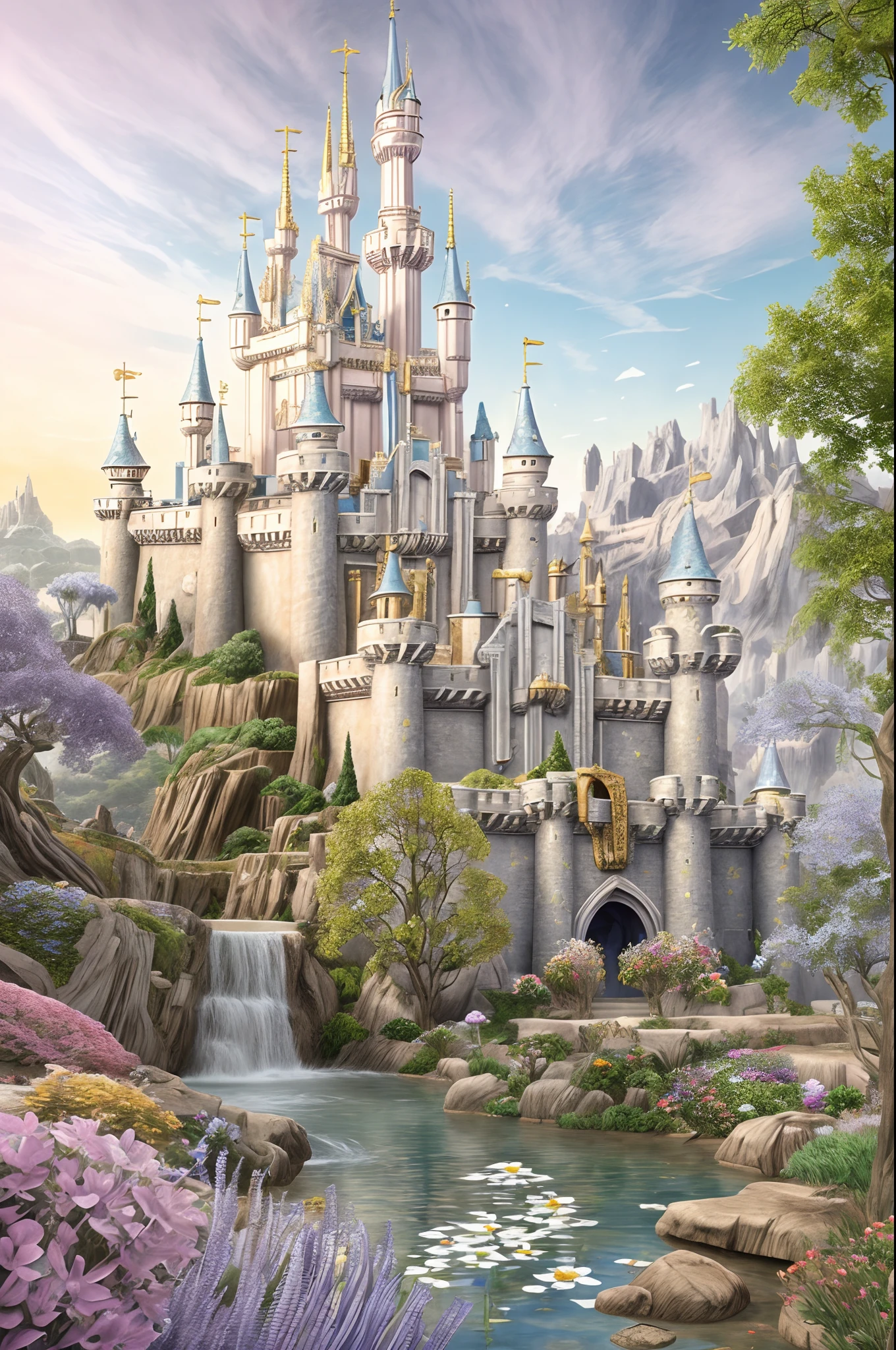 a closeup of a castle surrounded by flowers and trees, fundo estilo conto de fadas, beautiful render of a fairytale, background is disneyland castle, Magical fairy background, bela fantasia detalhada, Castelo da Fantasia, magic castle, highly detailed magical fantasy, fundo do castelo, enchanted magical fantasy forest, lugar de conto de fadas, Castelo bonito, Disneyland Fund, bela fantasia, fantasia bonita, light kingdom backdrop