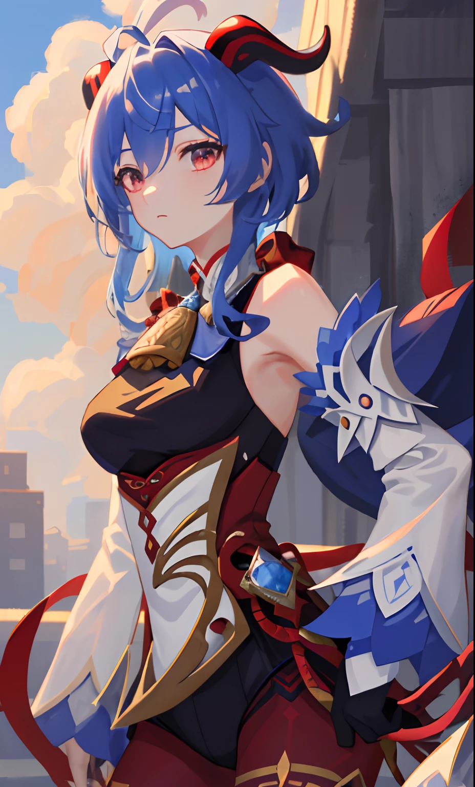 ((tmasterpiece，4k wallpaper，best qualtiy))ganyudef,  Be red in the face,  In the daytime, simple backgound, blue-sky, short detailed hair,  Moody light,light blue  hair，light particules，Blue Themes，Busty body，face expressionless，Brilliant，smooth thigh