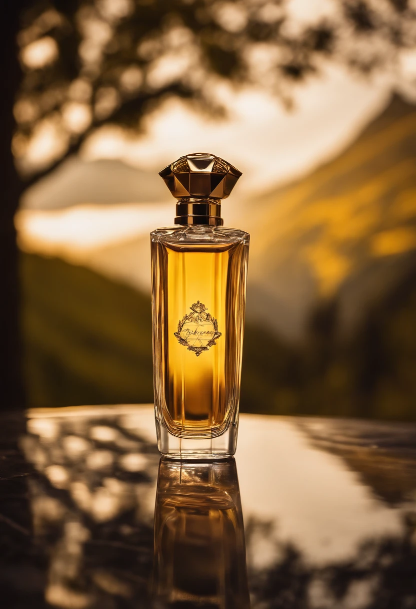 There is a bottle of perfume in the middle of the mountains,glass bottle,Gold crystal clear,refractions,Liquid gold,High-end quality,ln the forest,Quiet,relaxing,rays of sunshine