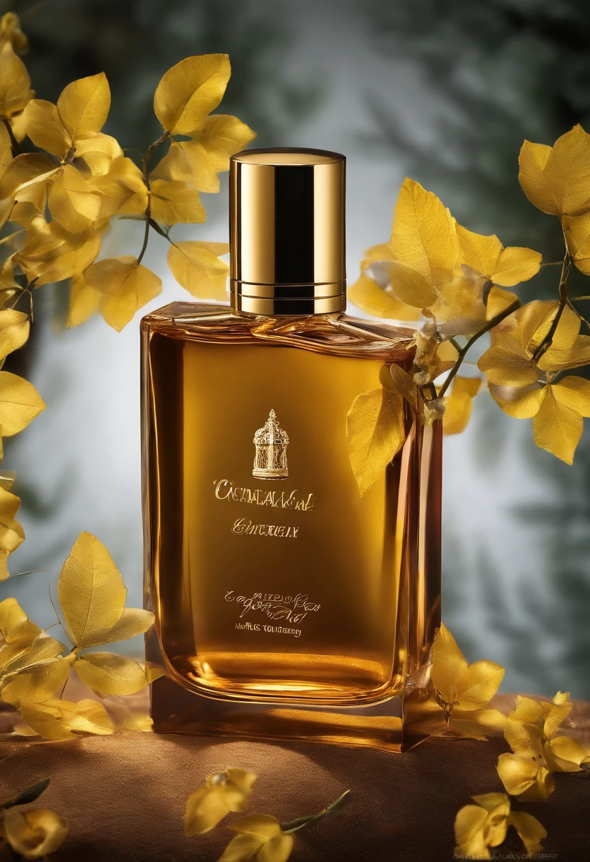 There is a bottle of perfume in the middle of the mountains,glass bottle,Gold crystal clear,refractions,Liquid gold,High-end quality,ln the forest,Quiet,relaxing,rays of sunshine