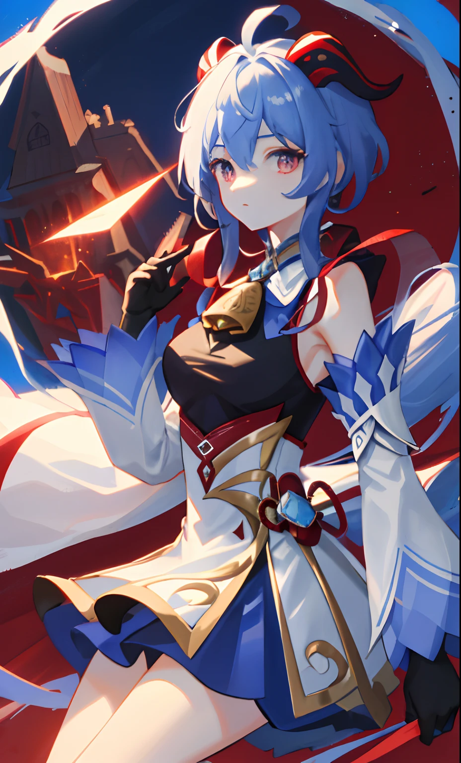 ((tmasterpiece,4k wallpaper,best qualtiy))ganyudef, Be red in the face, In the daytime, simple backgound, blue-sky, short detailed hair, Moody light,light blue hair,light particules,Blue Themes,Busty body,face expressionless,Brilliant,smooth thigh