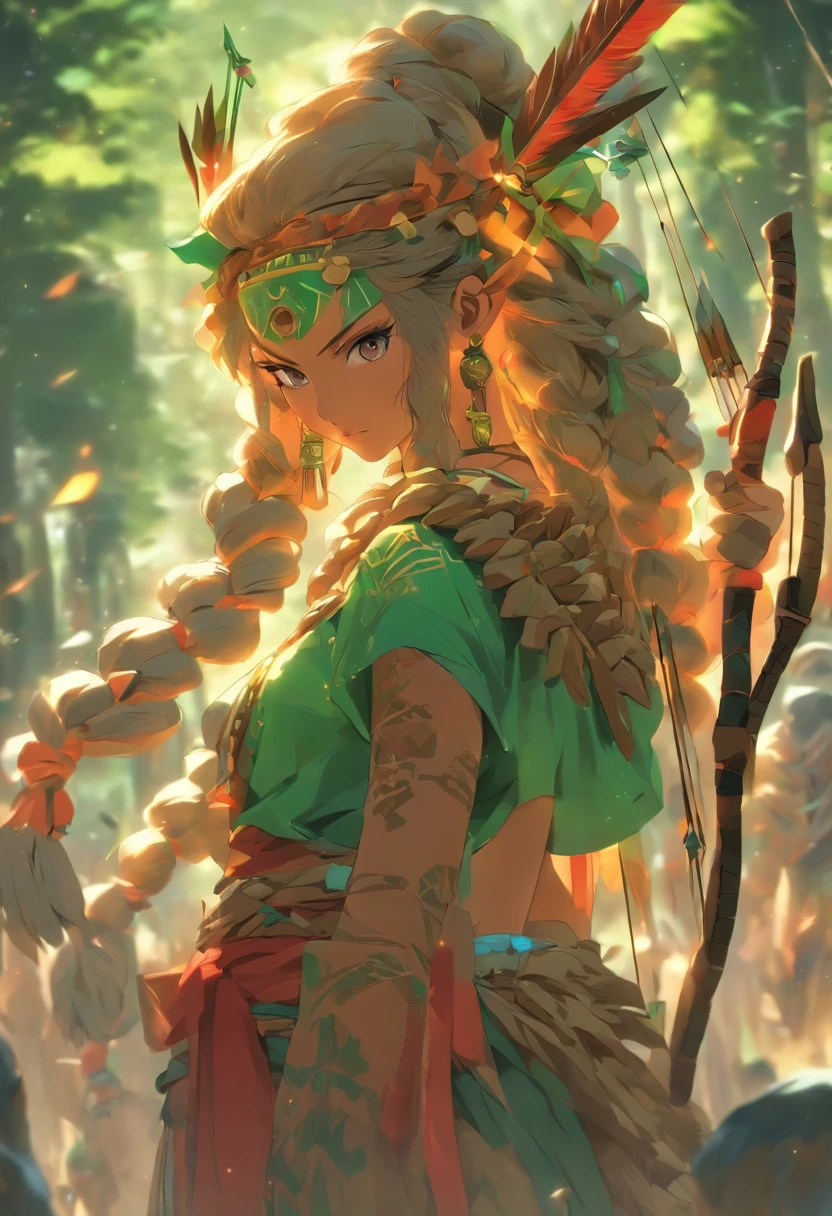 Ancient female leader with bow and arrow,There are animal bones on the head,Wear hides and clothing,There is a totem on the body,cloth shoes,There is jade around the waist,Realisticstyle