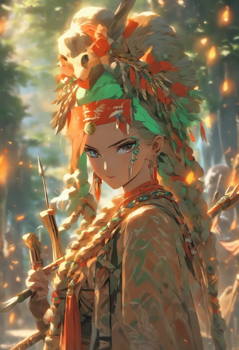 Ancient female leader with bow and arrow,There are animal bones on the head,Wear hides and clothing,There is a totem on the body,cloth shoes,There is jade around the waist,Realisticstyle