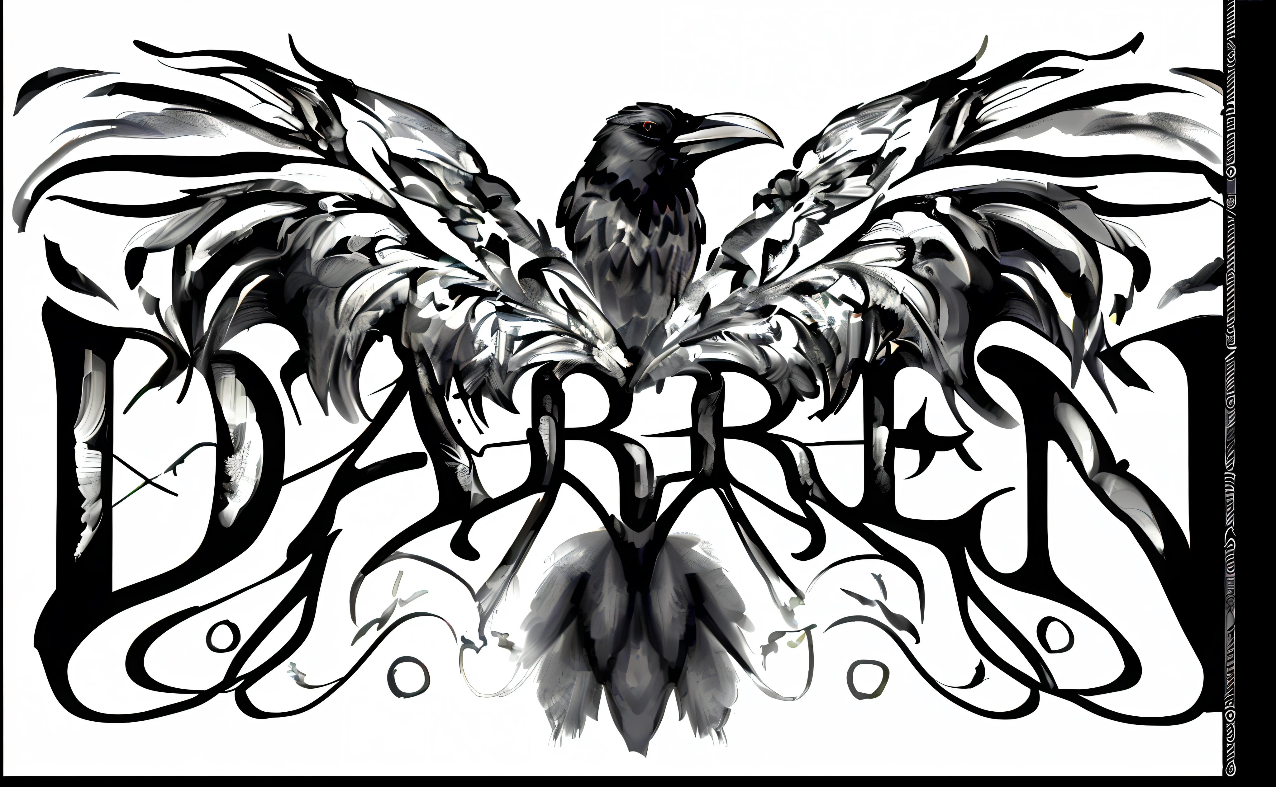 a black and white drawing of a Majestic raven with wings, Darren" spelled out in black feathers, aaron horkey style, detailed crow illustration, raven wings, highly detailed dark art, black metal logos, dark feathered wings, raven, dark crow, tattoo design, by Galen Dara, concept tattoo design