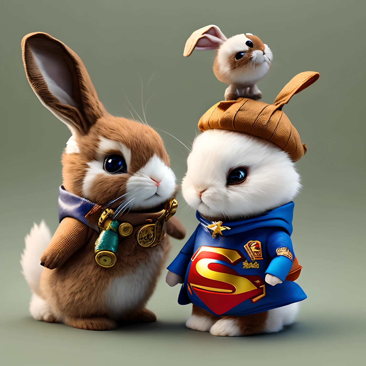 pixer style、3D、Small, cute and adorable Bunny Superman、Jean-Baptiste Monge in space、personification、dramatic  lighting